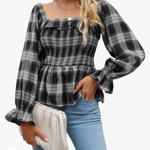 Black Plaid Flannel Balloon Sleeve Top Sz Small